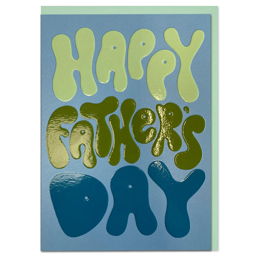 blue card with happy fathers day  written on the front. comes with a green envelope