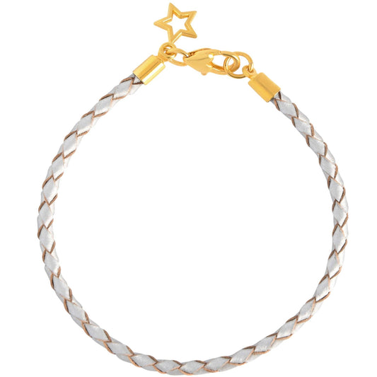 Gold and white braided bracelet with a star charm on a white background