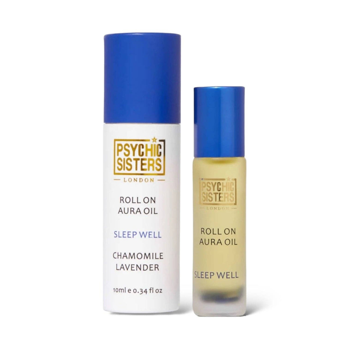 Psychic Sisters London Roll on Aura Oil in Chamomile Lavender scent, showing both the white cylindrical bottle with a blue cap and the smaller glass dropper bottle with a blue cap and pale yellow oil inside.