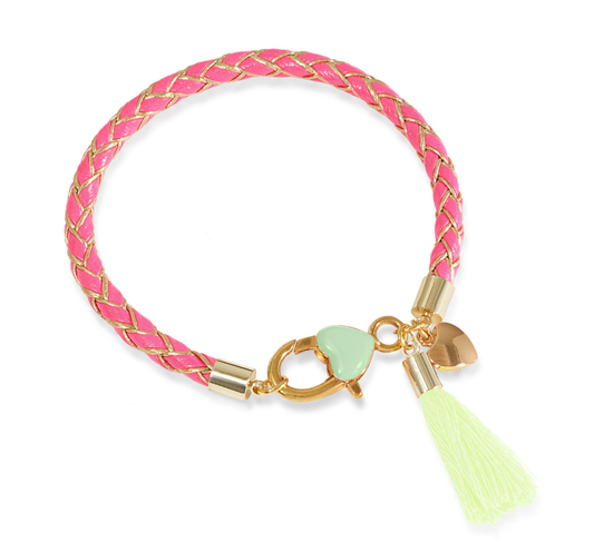 Pink braided bracelet with gold accents and a green tassel on a white background