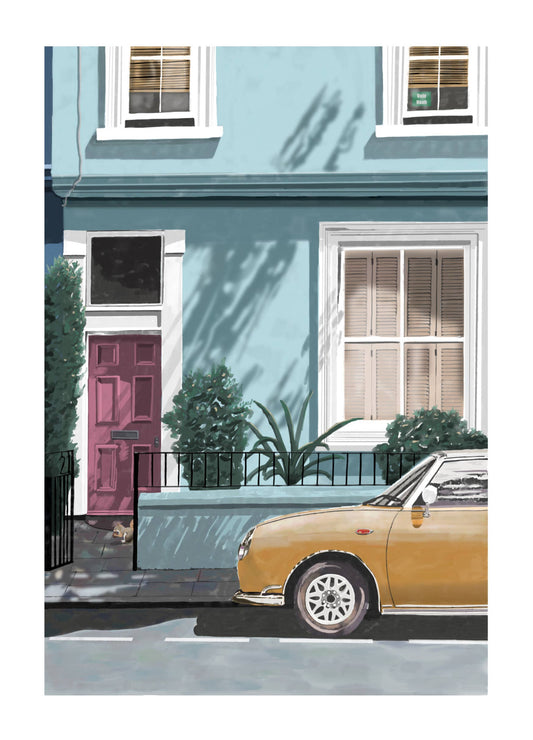 Yellow car parked in front of a light blue house with a red door