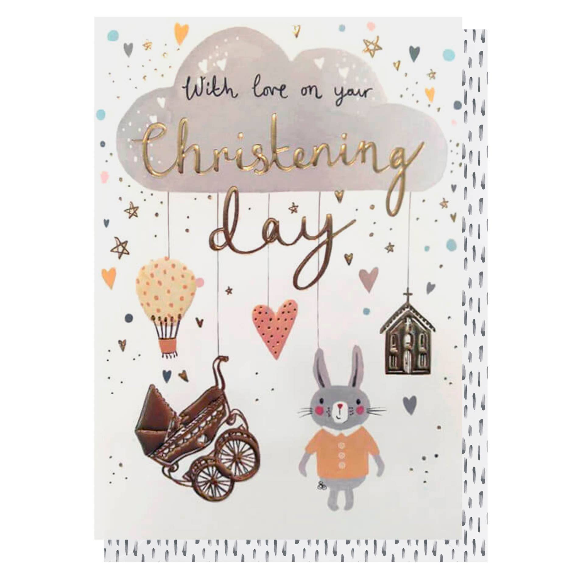 Greeting card with illustrations of a rabbit, hot air balloon, heart, and baby carriage, featuring text 'With love on your Christening day'.