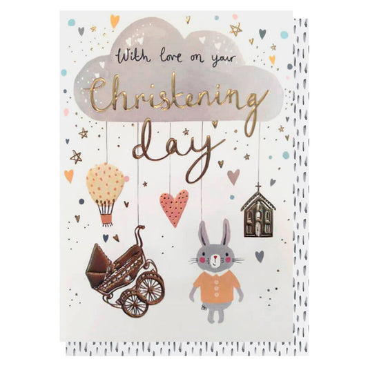 Greeting card with illustrations of a rabbit, hot air balloon, heart, and baby carriage, featuring text 'With love on your Christening day'.
