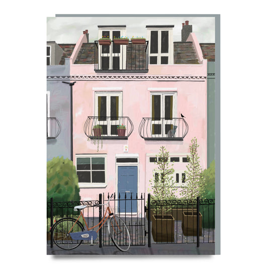 Illustration of a row of colorful houses with a bicycle in front