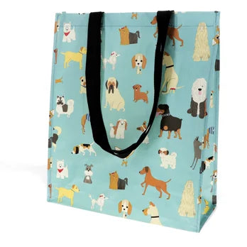 Reusable shopping bag with dog pattern on a blue background