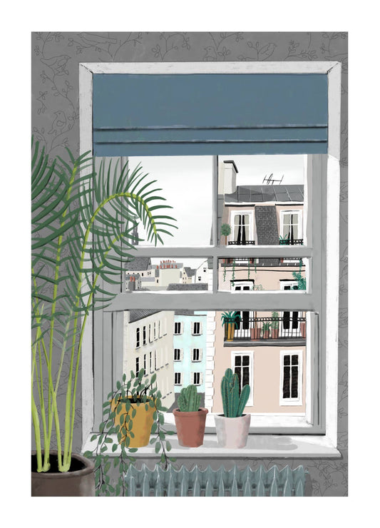 Window with blue roller blind and view of buildings, plants on windowsill