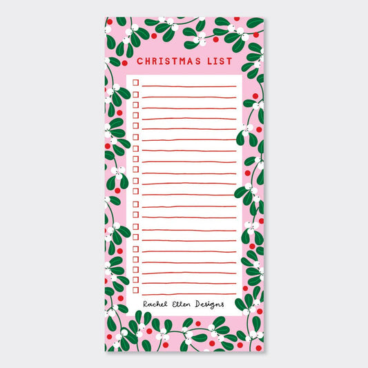 a christmas list pad with a pink border decorated with miseltoe.  Christmas list is written at the top of page and then there are numerous lines that run the length of the page. Each page is the same and can be ripped off from the top.