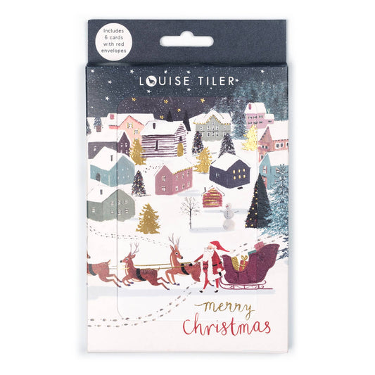 Packaged Christmas cards with Santa Claus and reindeer design, featuring Louise Tiler branding.