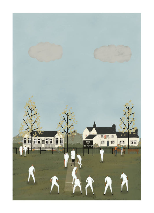 Artistic depiction of a cricket match on a grassy field with houses and trees in the background.
