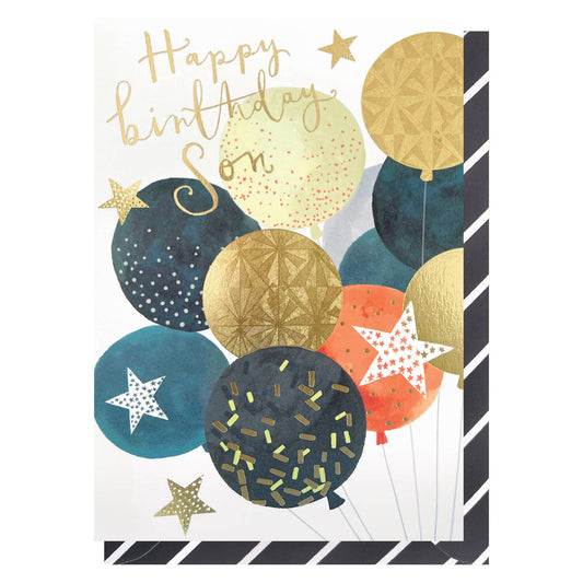 Greeting card with colorful balloons and 'Happy Birthday Son' text on a white background