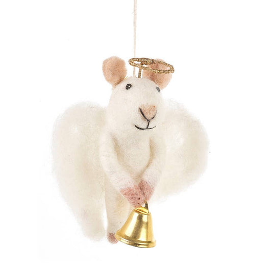 christmas tree hanging decoration of a white mouse with wings and a god halo. he is carrying a gold bell