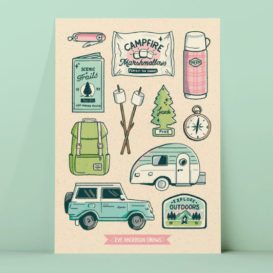 11 hand drawn stickers relating to camping such as mini caravan, flask, compass, rucksac, penknife, book,trail book,