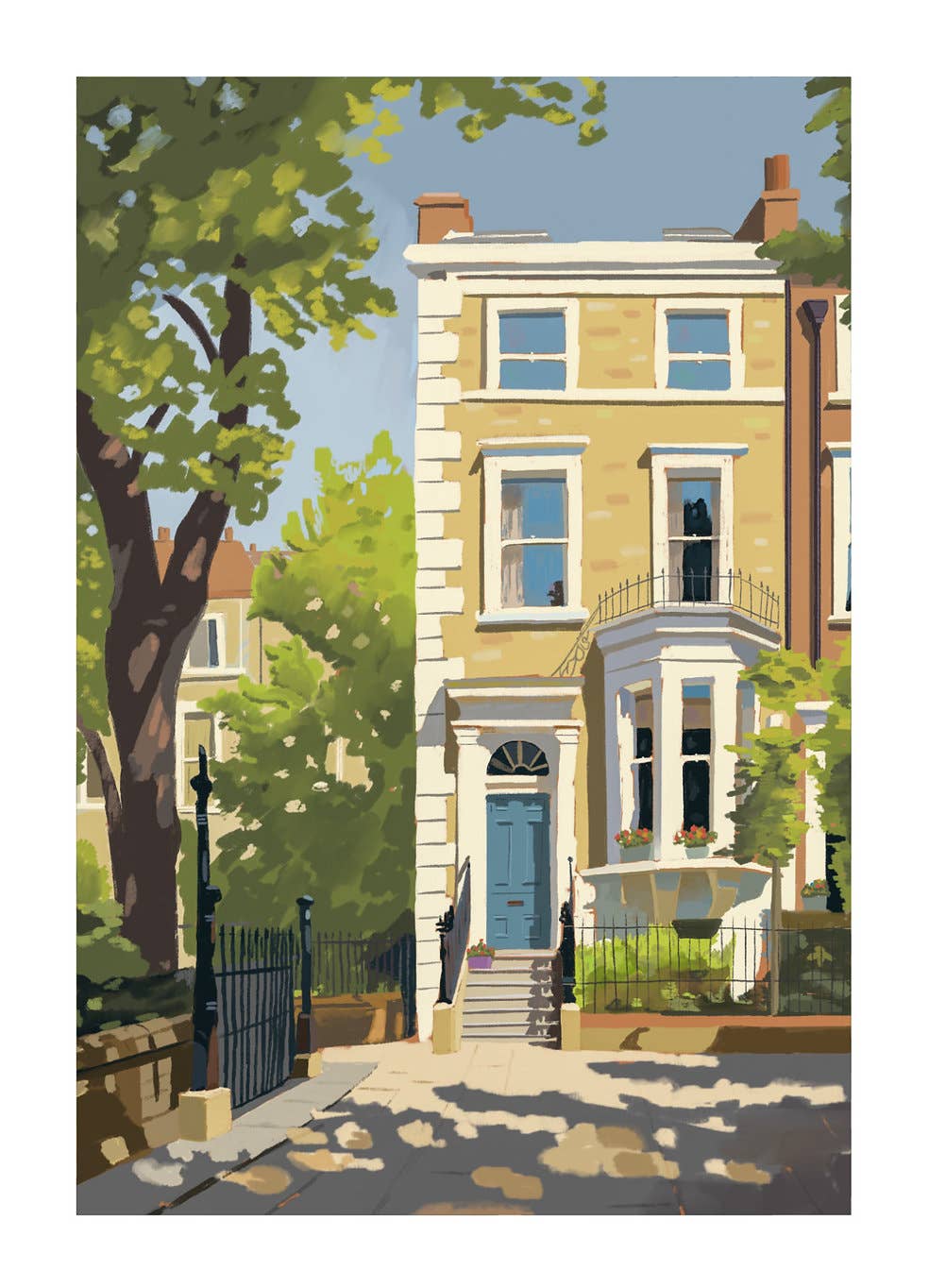 Painting of a yellow house with a blue door in a residential area