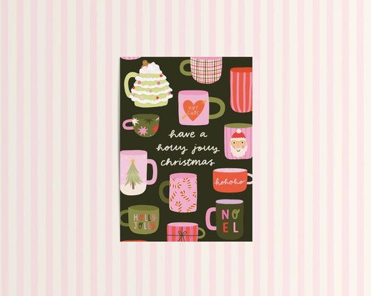 Decorative card with colorful mugs and text on a pink striped background