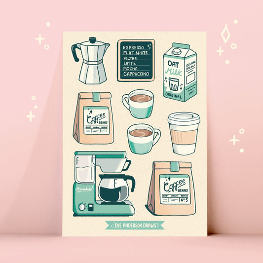 9 hand drawn stickers depicting coffee related items- stove top espresso,filter machine, coffee cup, coffee mugs, filter coffee bags and board showing various type of coffee