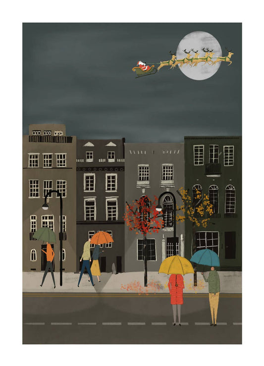 Illustration of people with umbrellas under a dark sky with a sleigh and reindeer.