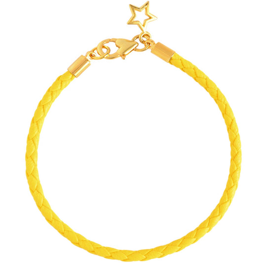 Yellow braided bracelet with a gold clasp on a white background