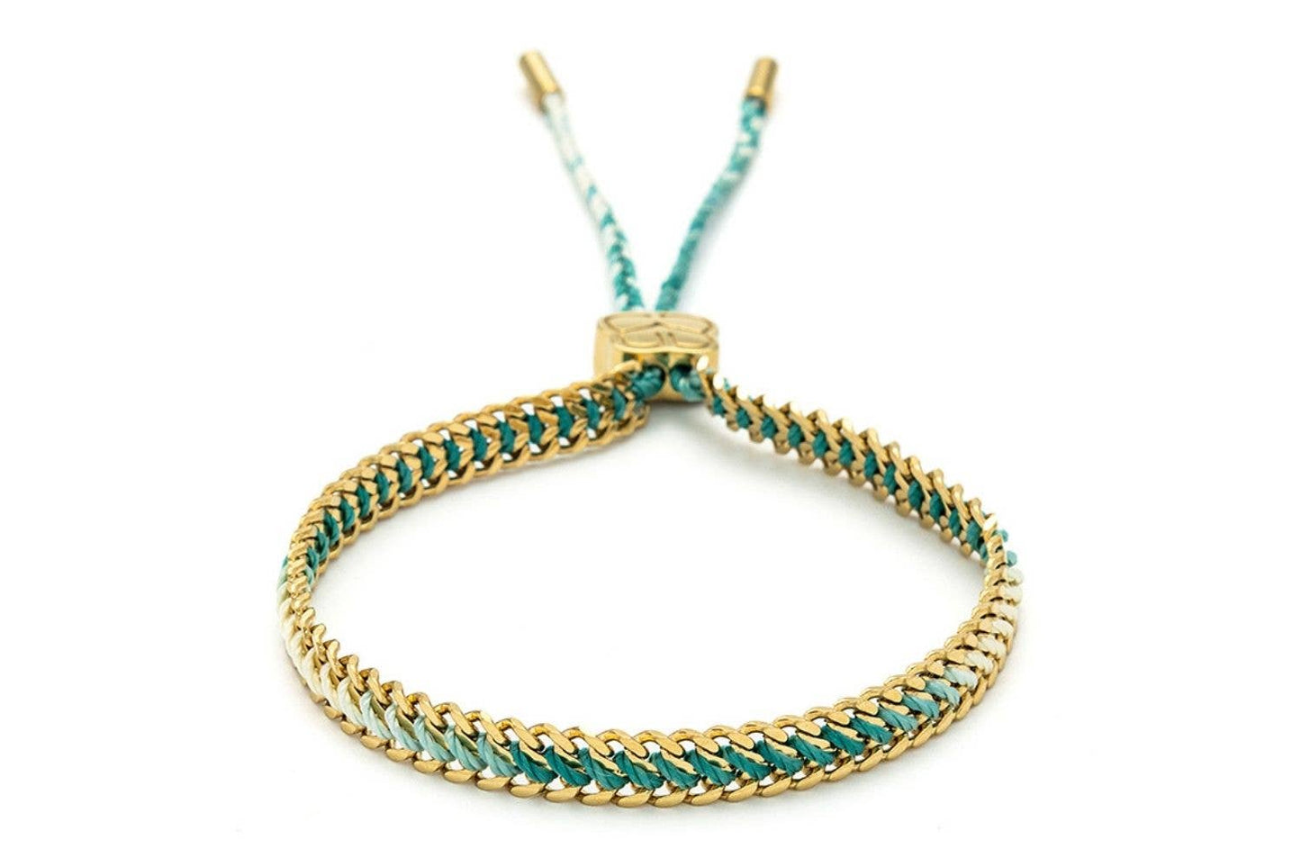 image shows a gold chain bracelet with turquoise thread running through the centre of each chain. the chain is expandable.both ends of the thread  run through a gold motif to tighten or loosen the bracelet .each end of the thread is in cased in a gold cover