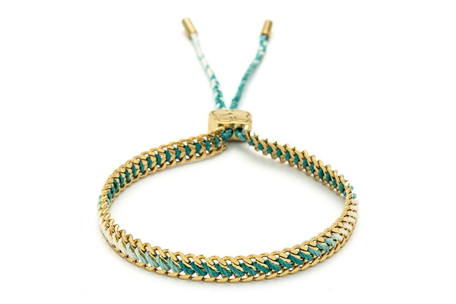 image shows a gold chain bracelet with turquoise thread running through the centre of each chain. the chain is expandable.both ends of the thread  run through a gold motif to tighten or loosen the bracelet .each end of the thread is in cased in a gold cover