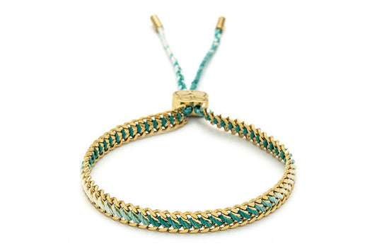 image shows a gold chain bracelet with turquoise thread running through the centre of each chain. the chain is expandable.both ends of the thread  run through a gold motif to tighten or loosen the bracelet .each end of the thread is in cased in a gold cover