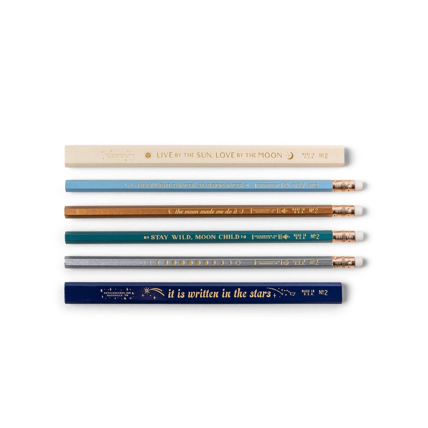 image shows 6 pencils each a different colour . 4 of the pencils have white top erasers. 2 of the pencils are in the joinery style so flat as opposed to round. each pencil has gold embossing on the body of the pencil 