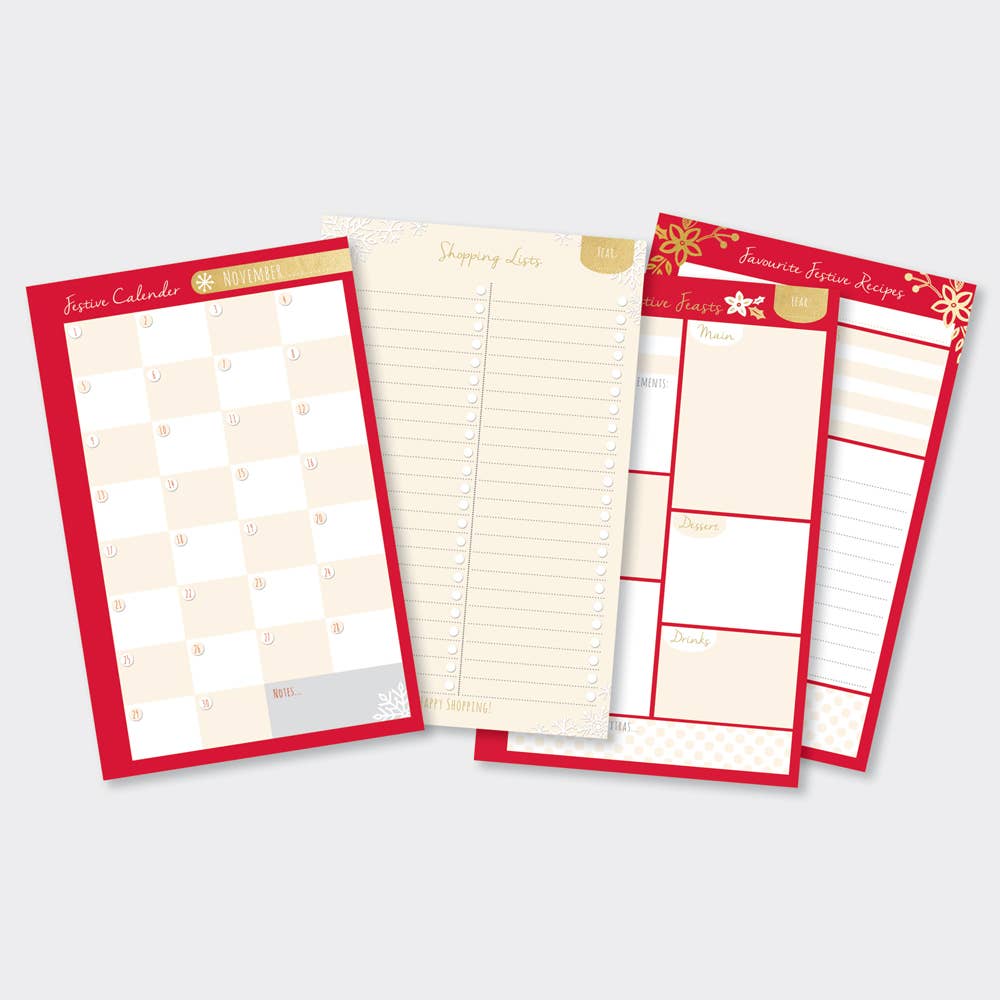 4 different pages from the christmas planner- the pages are a festive planner, shopping lists, festive recepies and festive meal planner