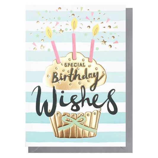 Birthday card with cupcake design, candles, and 'Special Birthday Wishes' text on a striped background.