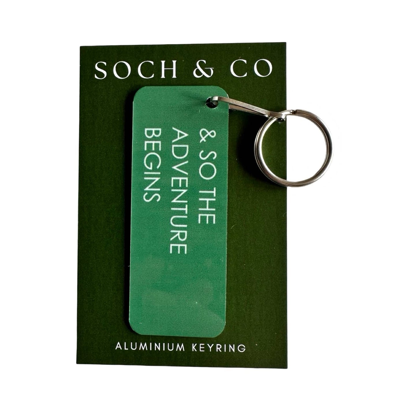 Green keyring with text on a black background, featuring the brand 'SOCH & CO'.