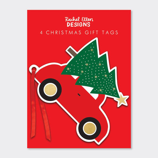 Pack of 4  Christmas Gift Tags  in the shape of a red car with a Christmas tree on it's roof. Red ribbon attached to it.