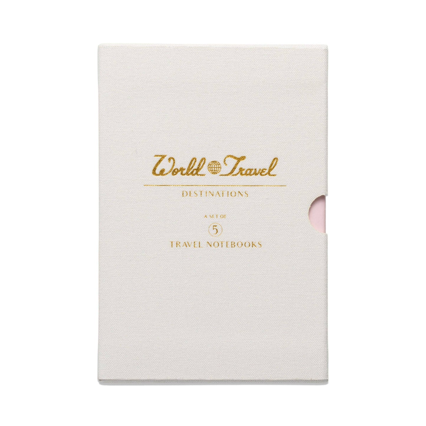 image shows the box that held within are 5 small notebooks. the box is covered in off white cloth and embossed in gold is the word Travel Journal and underneath destinations. the word 5 is underneath that then travel notebooks 