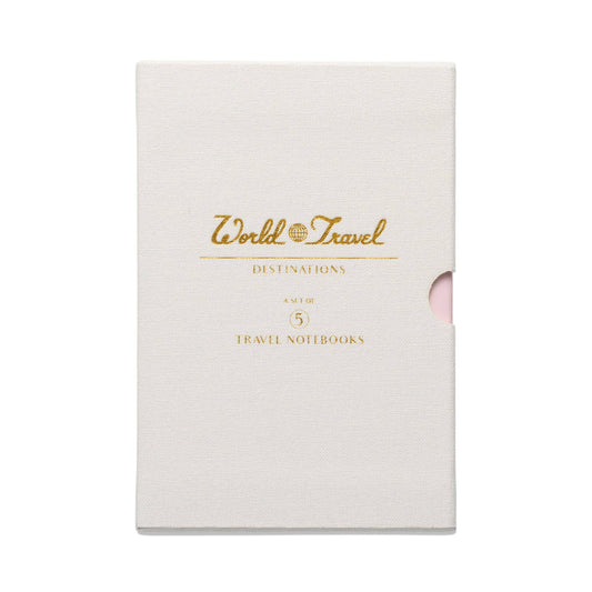 image shows the box that held within are 5 small notebooks. the box is covered in off white cloth and embossed in gold is the word Travel Journal and underneath destinations. the word 5 is underneath that then travel notebooks 
