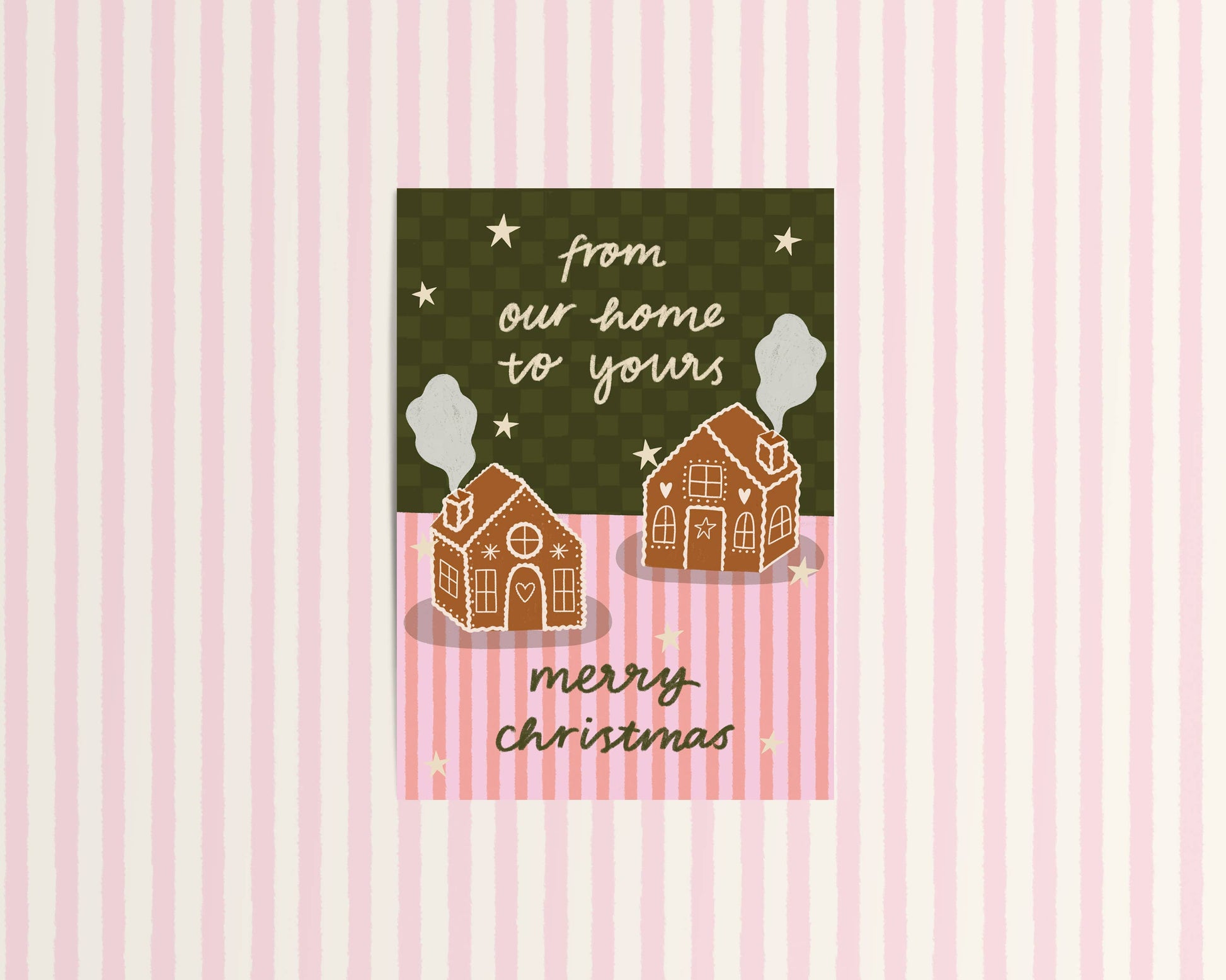 Christmas card with gingerbread houses and text on a pink and green striped background
