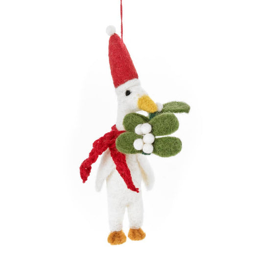 christmas tree hanging decoration of a white goose wearing a red scarf and red christmas hat and has a bunch of misteltoe in his mouth