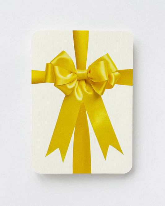 Greetings Card with a Bright Ye Ribbon looking bow on the front. Looks like real material but it is an image  White Background.  White Envelope.low