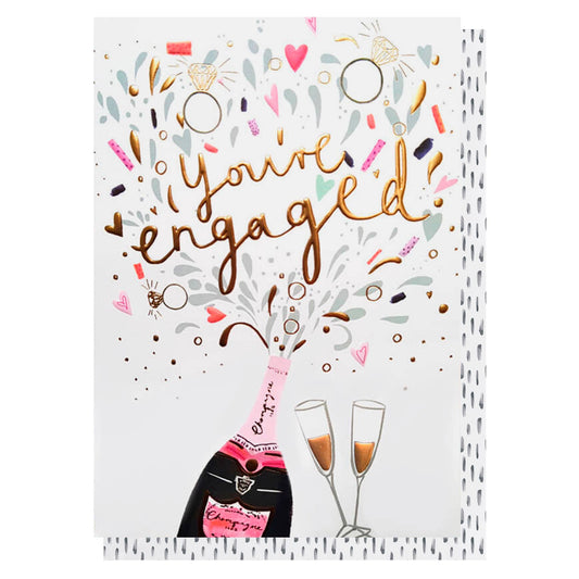 Greeting card with 'You're Engaged' text, champagne bottle, and glasses on a white background.