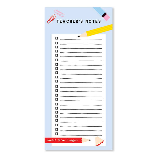 Teacher's note pad with lines on the page and pictures of a pencil and paperclips
