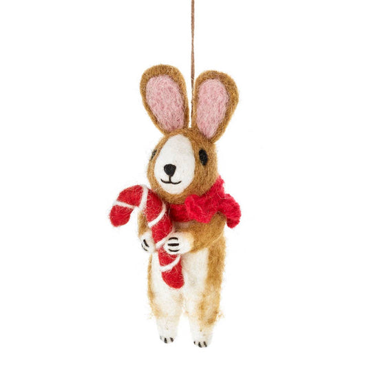 christmas tree hanging decoration of a brown and white rabbit with a red scarf and holding a red and white candy can