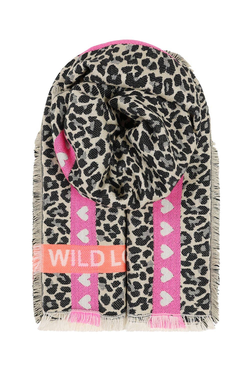 image of a scarf with leopard print markings in black, cream and grey. There is a verticle neon pink stripe through the fabric that has row of white hearts running through the centre of the stripe. Going in a horizontal stripe is s stripe of neon organge with the word Wild Love repeated in white throughout the stripe.