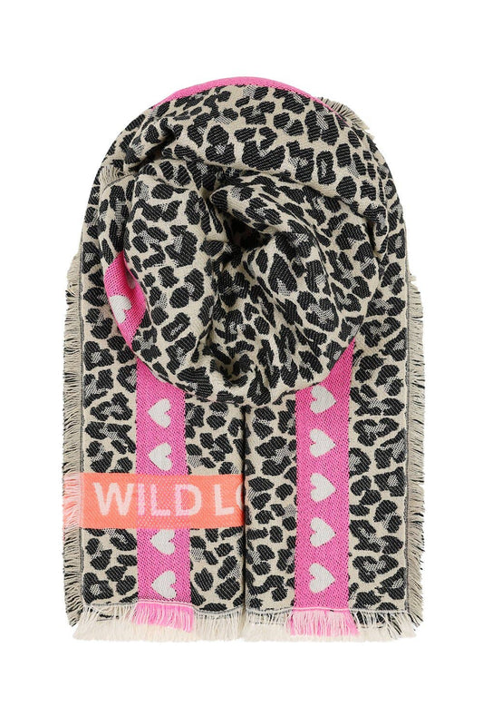 image of a scarf with leopard print markings in black, cream and grey. There is a verticle neon pink stripe through the fabric that has row of white hearts running through the centre of the stripe. Going in a horizontal stripe is s stripe of neon organge with the word Wild Love repeated in white throughout the stripe.