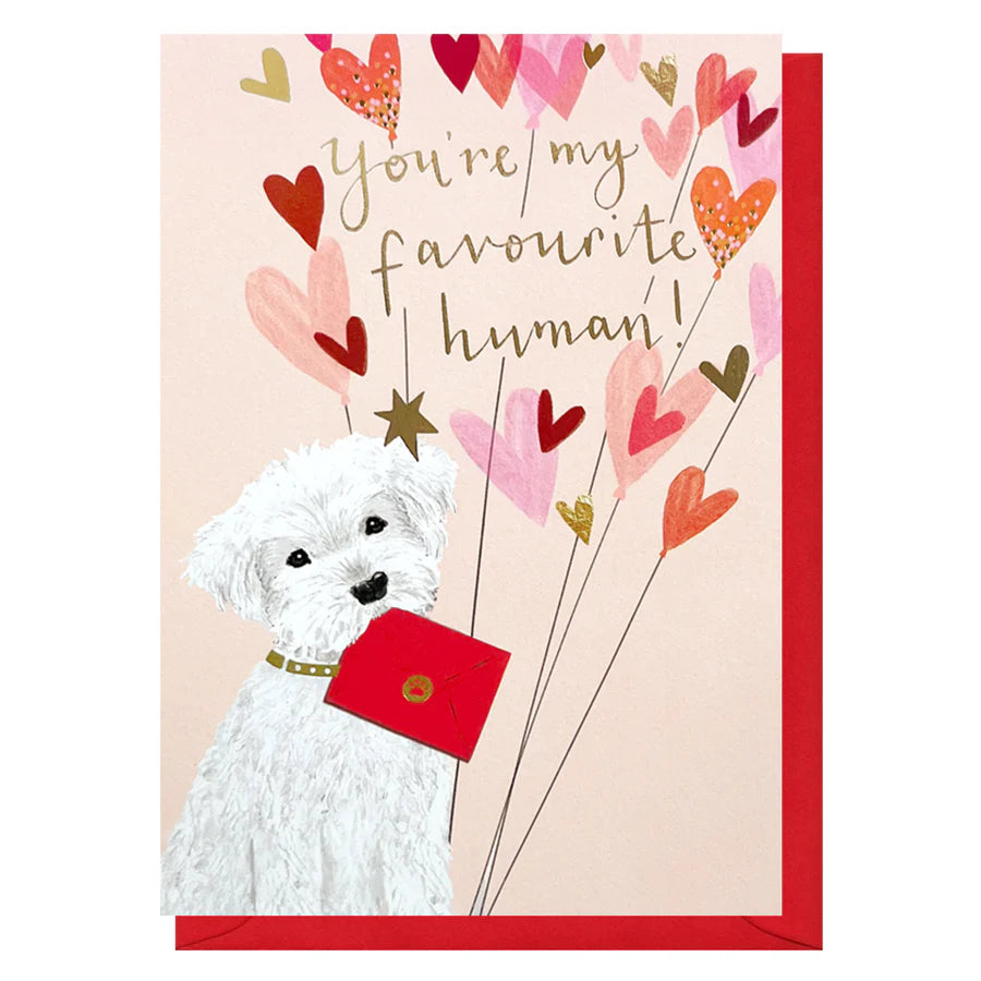 Greeting card with a white dog holding a red heart and heart-shaped balloons on a beige background.