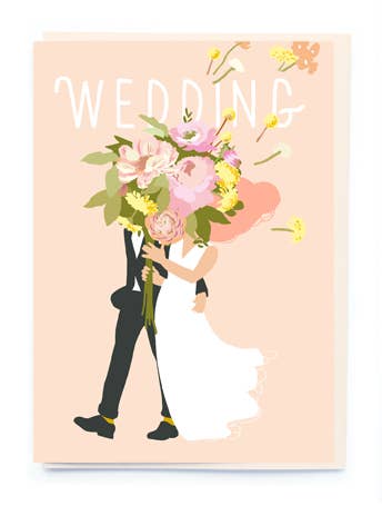 Card with a couple holding flowers and the word 'Wedding' on a pink background