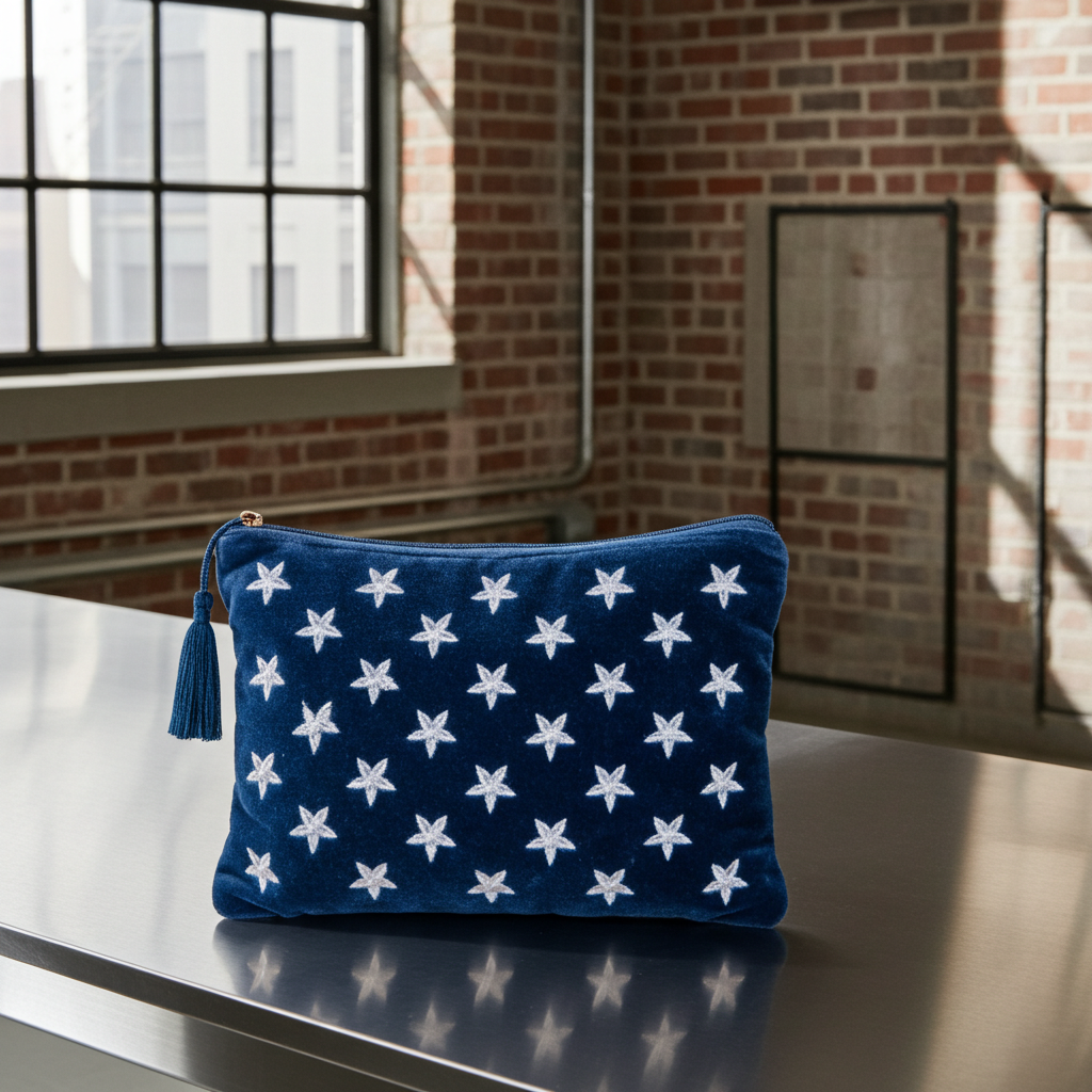 Pink Lemons Velvet Star Pouch Navy/Silver