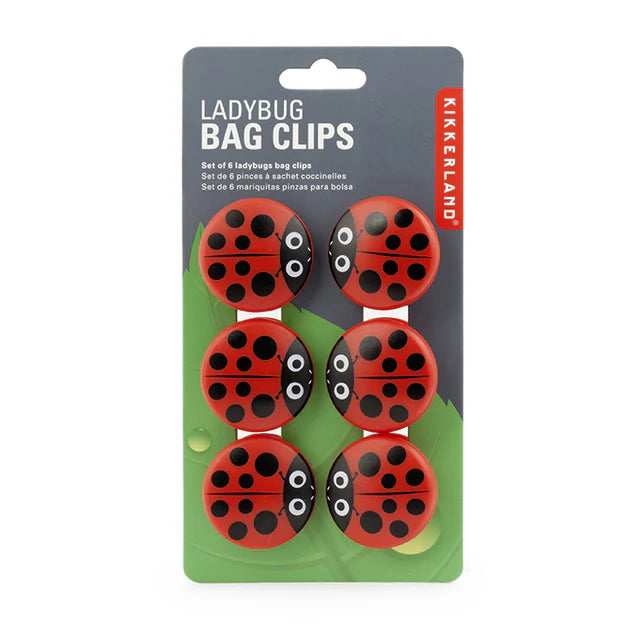 Packaging of ladybug bag clips with Kikkerland branding on a white background