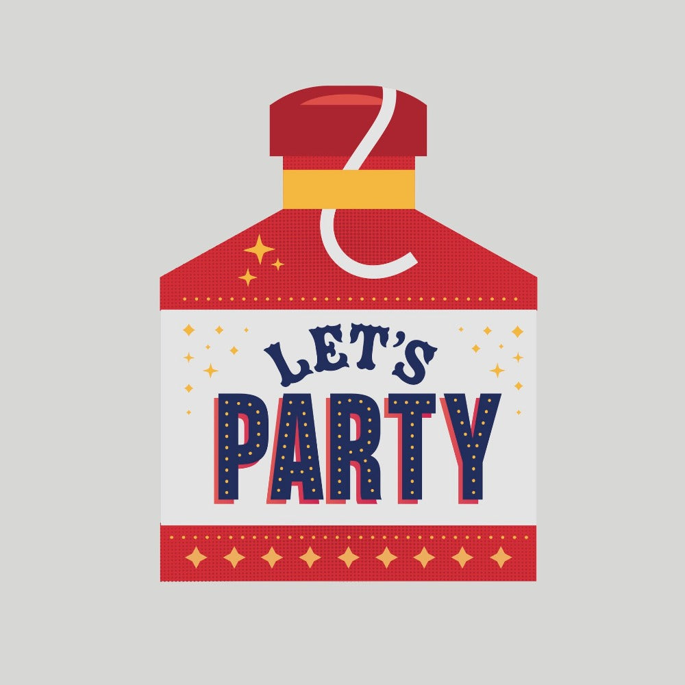 Party-themed bottle-shaped sign with 'Let's Party' text on a gray background