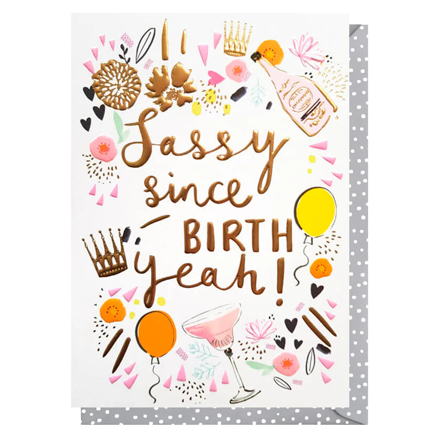 Greeting card with colorful text and graphics on a white background