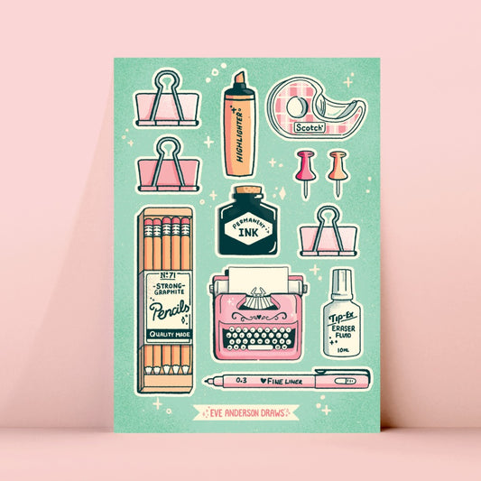 12 hand drawn stickers depicting various stationery items, pencils, typewritter, pen, bulldog clips, ink bottle , cellotape, corrector liquid