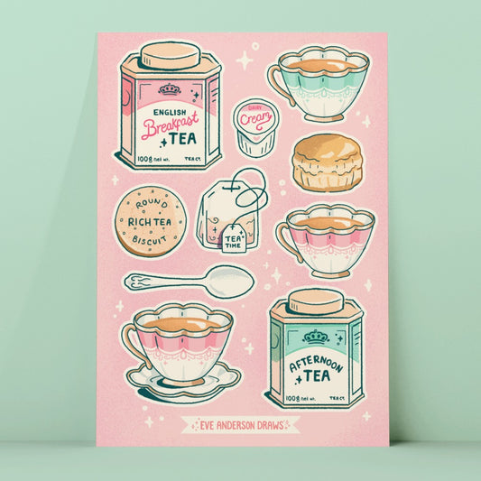 10 hand drawn stickers depicting tea related items, tea caddies, tea bag, tea cups, teaspoon, scone, biscuit and milk