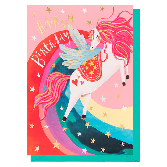 Birthday card with a unicorn and rainbow design on a pink background