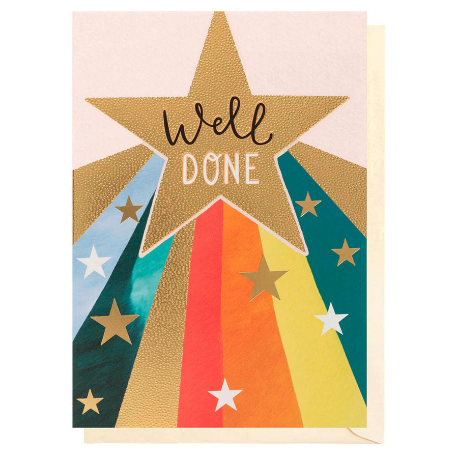 Greeting card with a gold star and rainbow design, featuring the text 'Well Done'.
